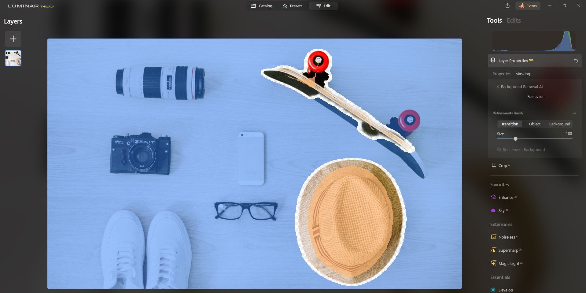 Luminar Neo выделяет зоны: Object, Transition, Background