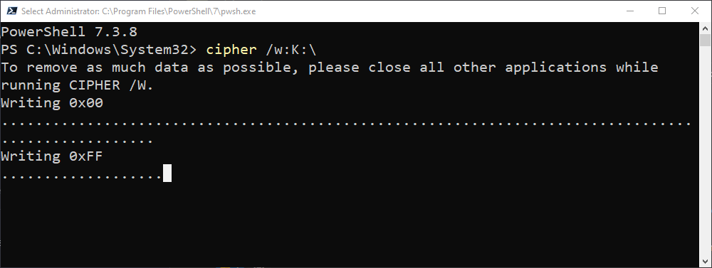 Процесс перезаписи свободного пространства на диске K:.