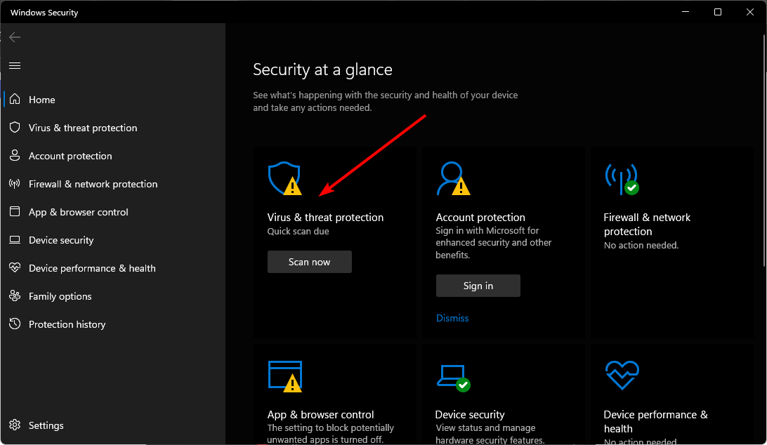 Раздел «Защита от вирусов и угроз» в Безопасности Windows