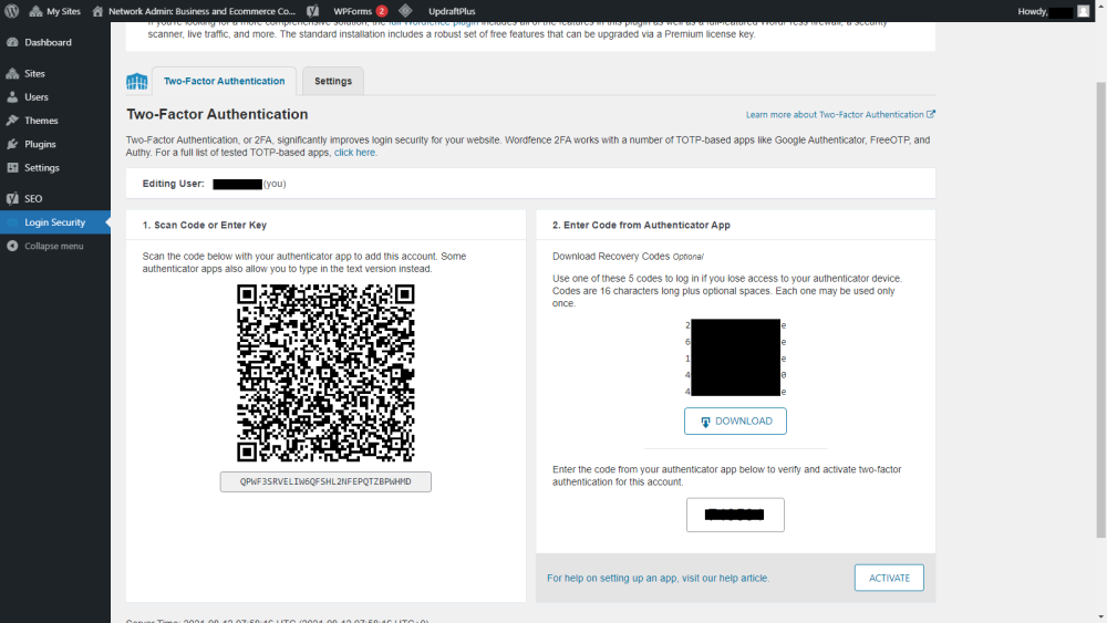 WP 2FA Wordfence Login Security settings