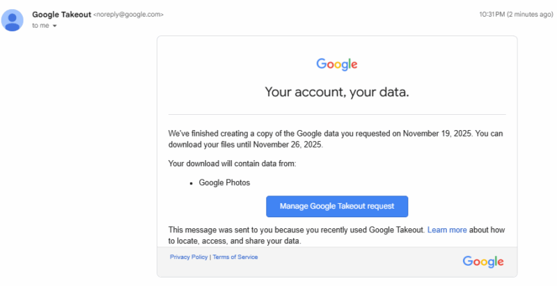 Manage Google Takeout Request
