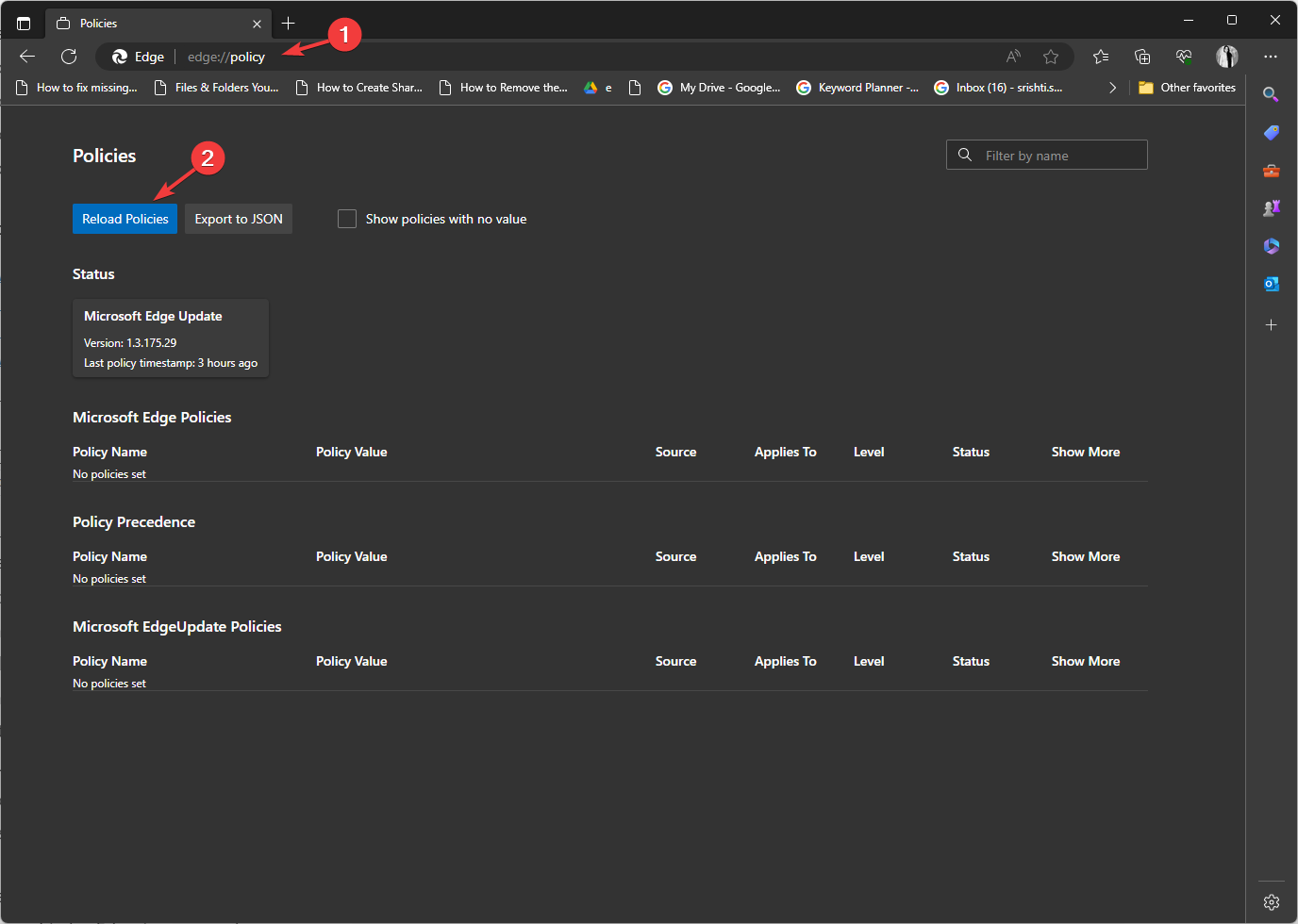 Кнопка «Reload Policies» в edge://policy