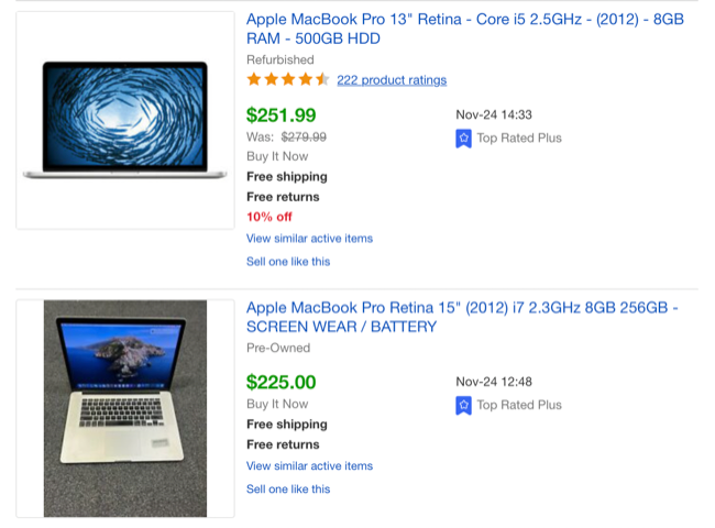 Список проданных лотов на eBay для выбранной конфигурации