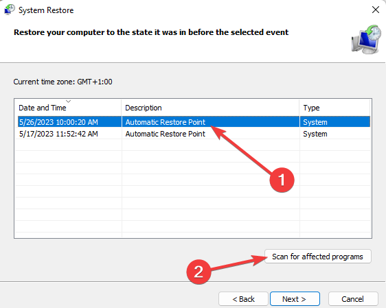 Скриншот выбора точки восстановления и сканирования программ