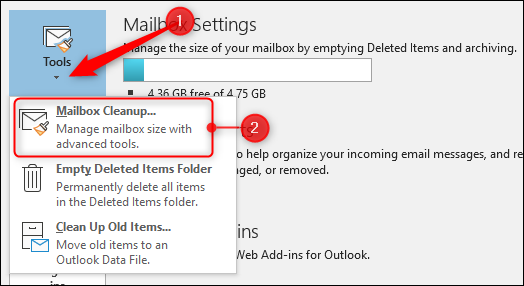 Окно «Очистка почтового ящика» в Outlook