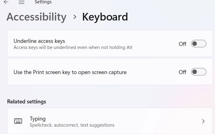 Опция открытия средства захвата через PrtScn отключена в Специальных возможностях