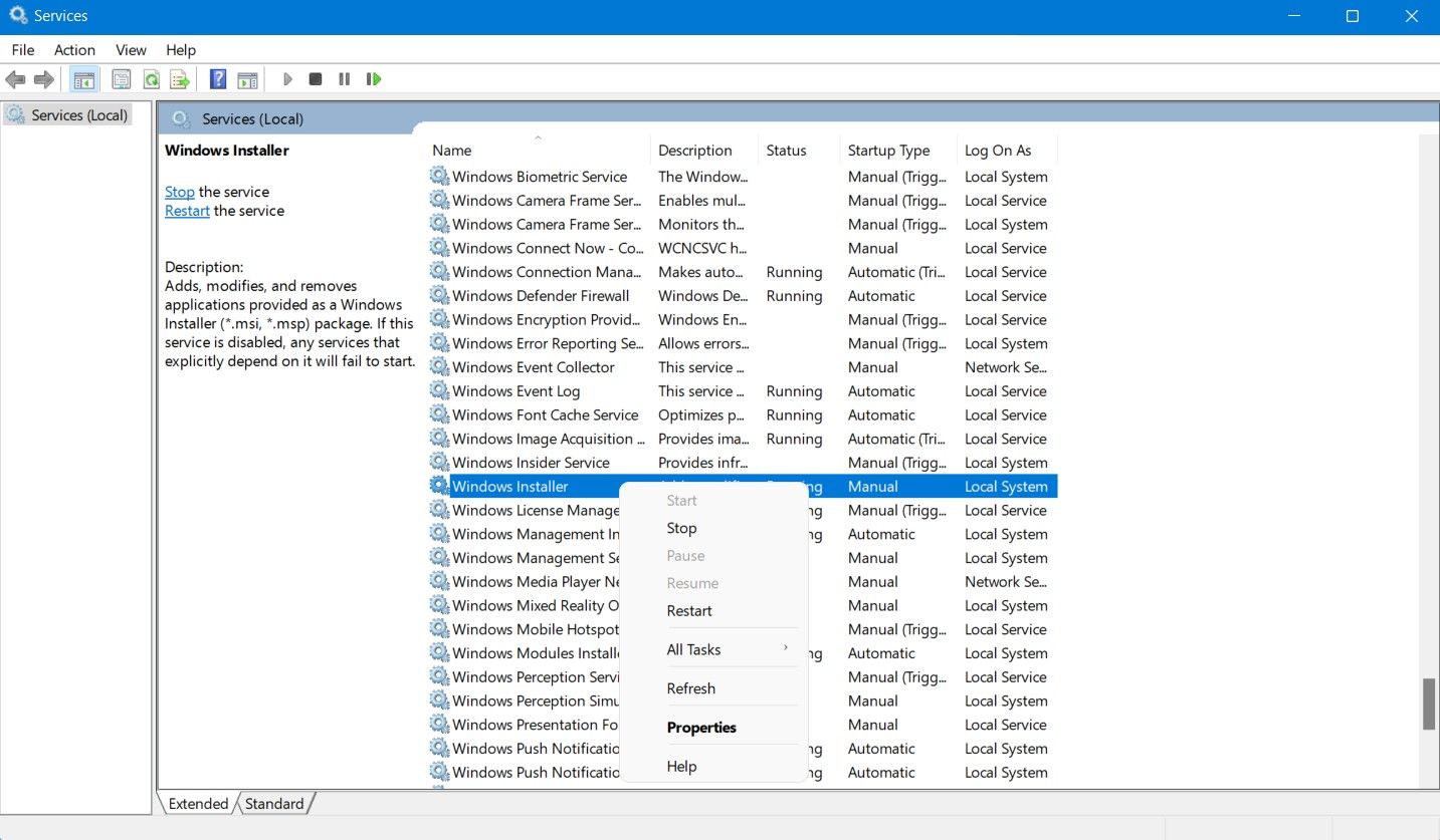 Служба Windows Installer в списке служб