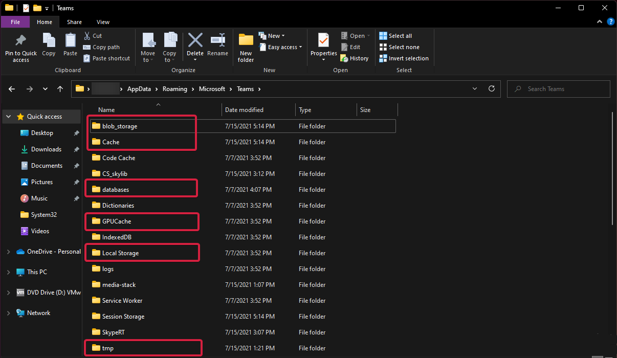 Содержимое папок кэша Teams