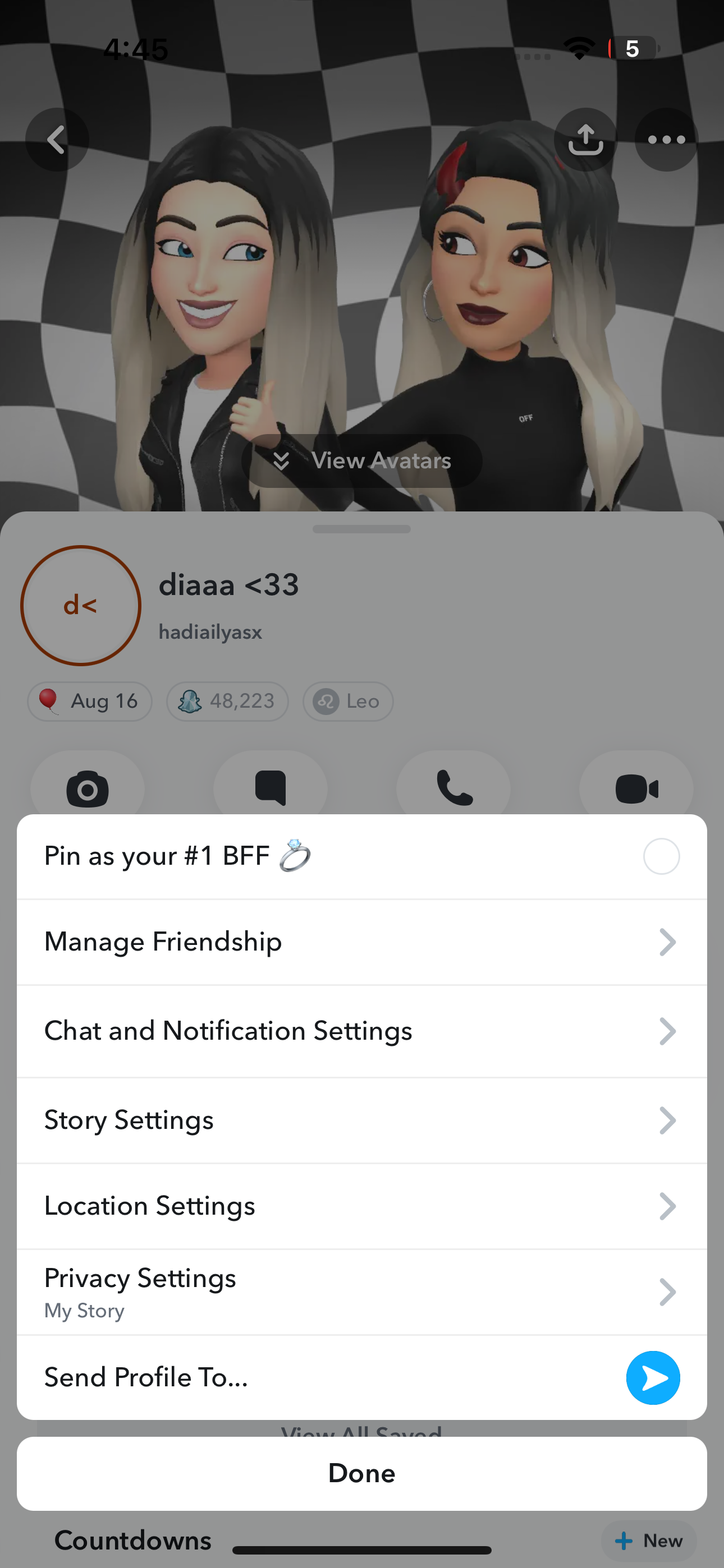 Pop-up menu that appears when you tap the elipses icon