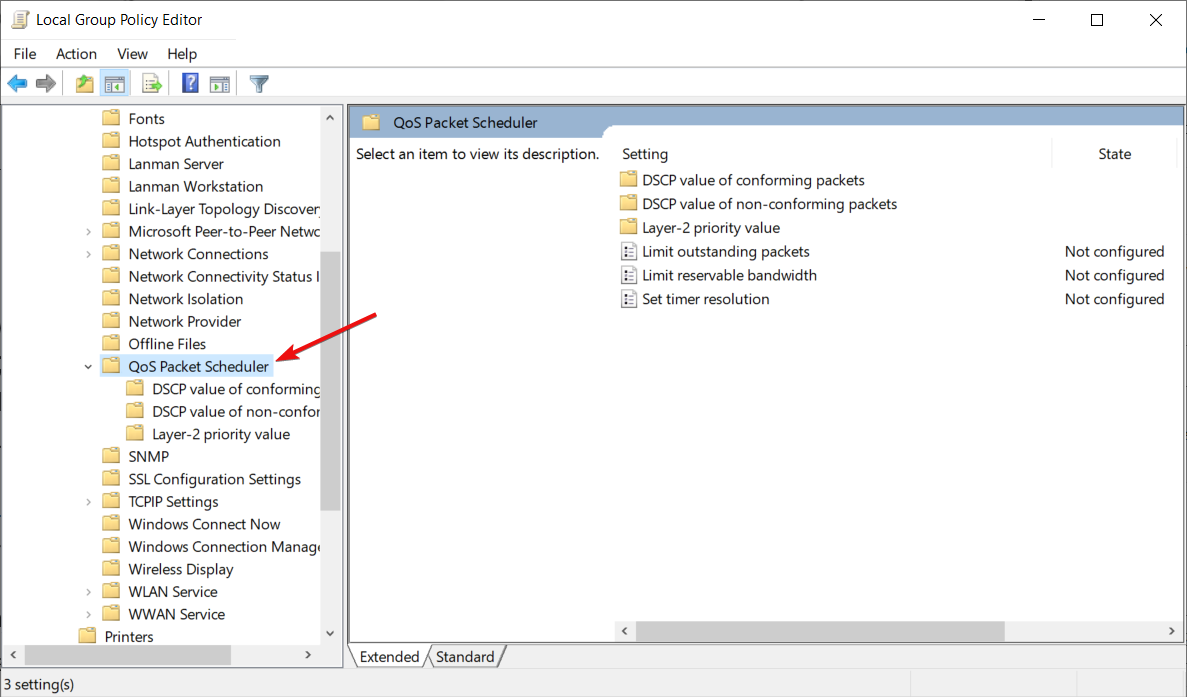 Путь в редакторе локальной групповой политики QoS Packet Scheduler