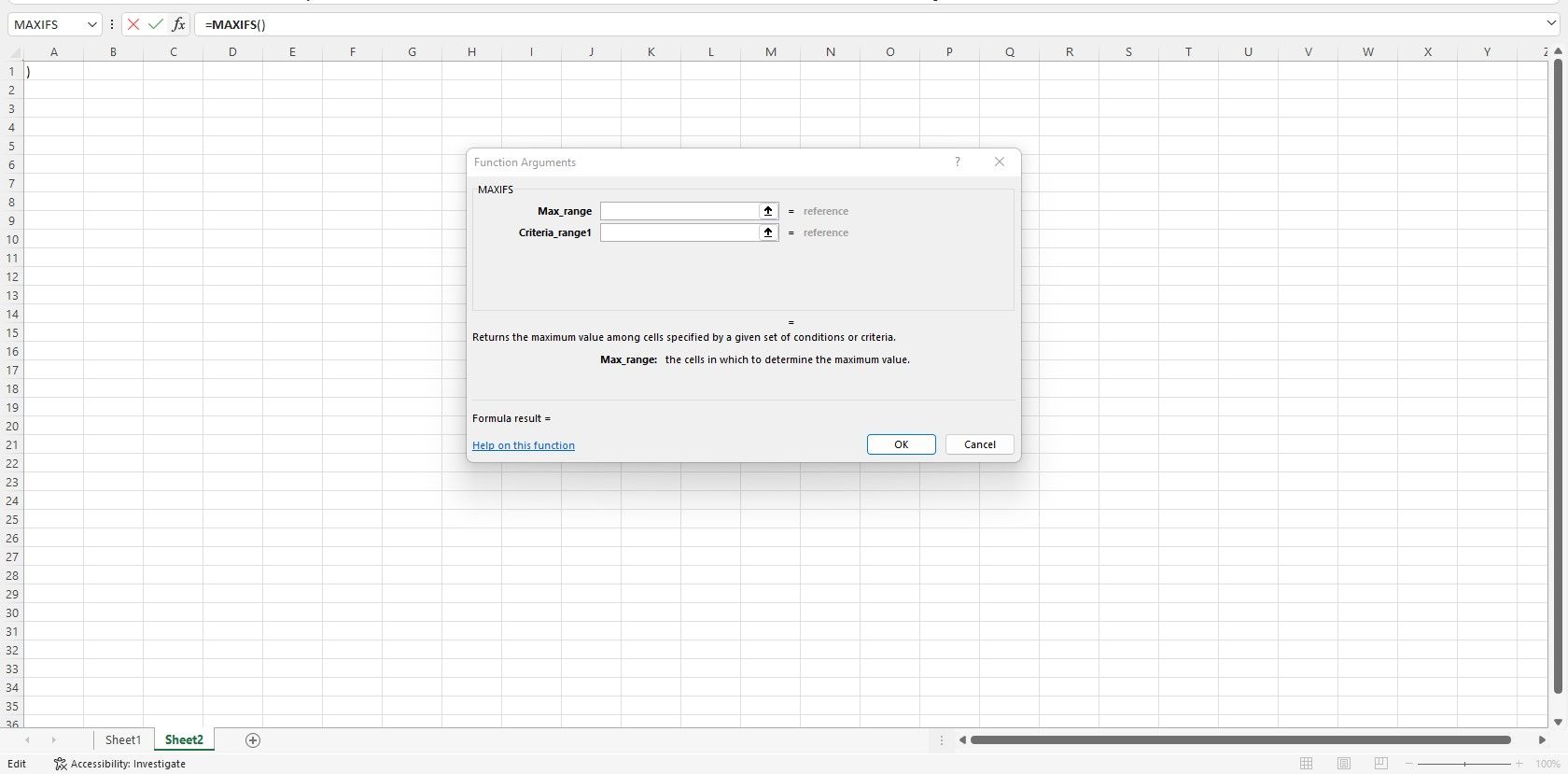 Диалог создания формулы в Excel