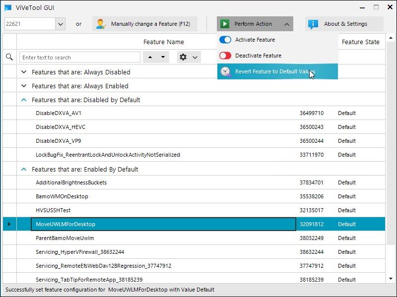 ViVeTool GUI: возврат параметров функции к значениям по умолчанию