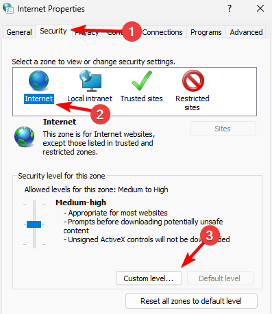Безопасность — параметры уровня зоны Интернет