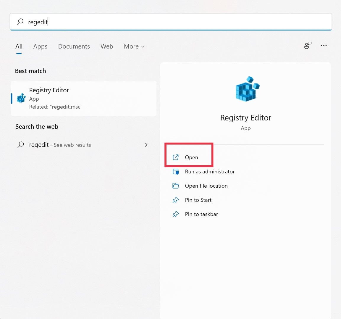 Поиск Regedit в меню Пуск Windows 11
