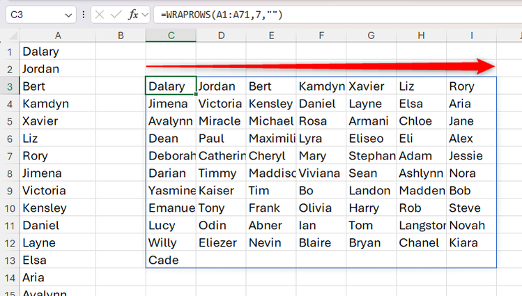 WRAPROWS によって 1 列の一覧が 7 個ずつ横並びでスピルしているスクリーンショット