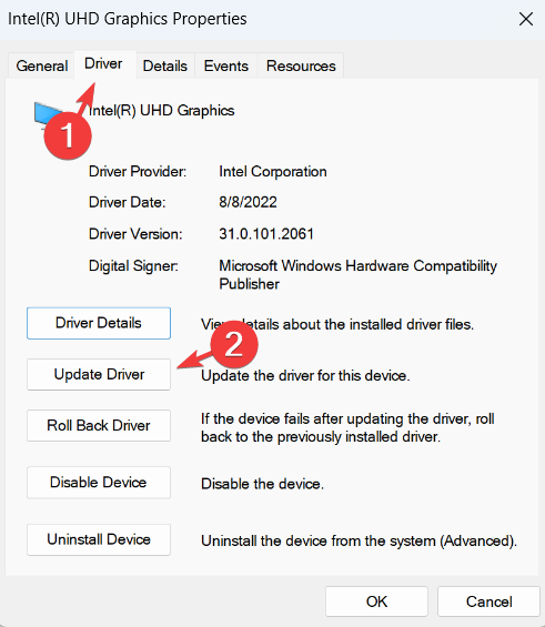 Кнопка «Обновить драйвер»