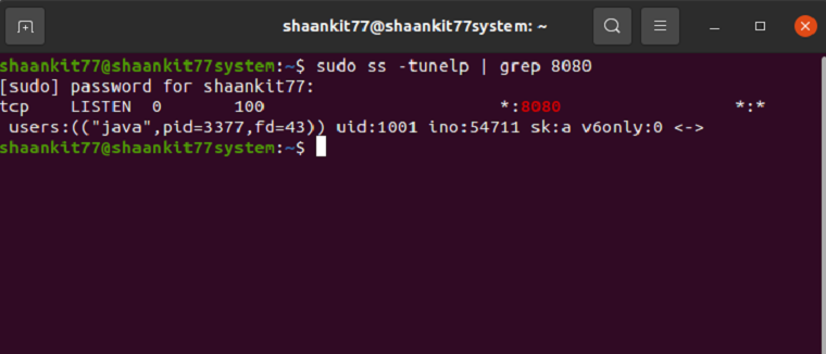 Проверка порта 8080 в терминале