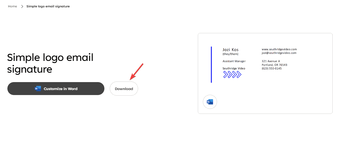 Кнопка скачивания шаблона подписи Microsoft Outlook