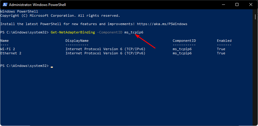 Результат Get-NetAdapterBinding в PowerShell