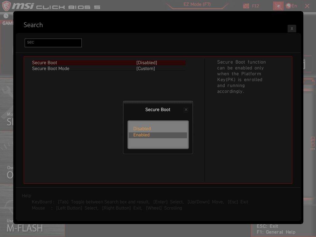 msi motherboard enable secure boot settings