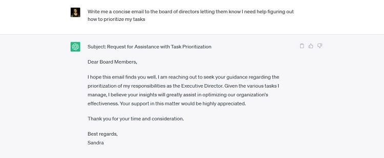 Скриншот письма с запросом приоритетов, сгенерированного ChatGPT