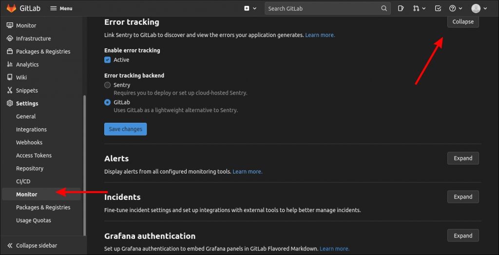 Скриншот настройки Error Tracking с интегрированным Sentry бэкендом