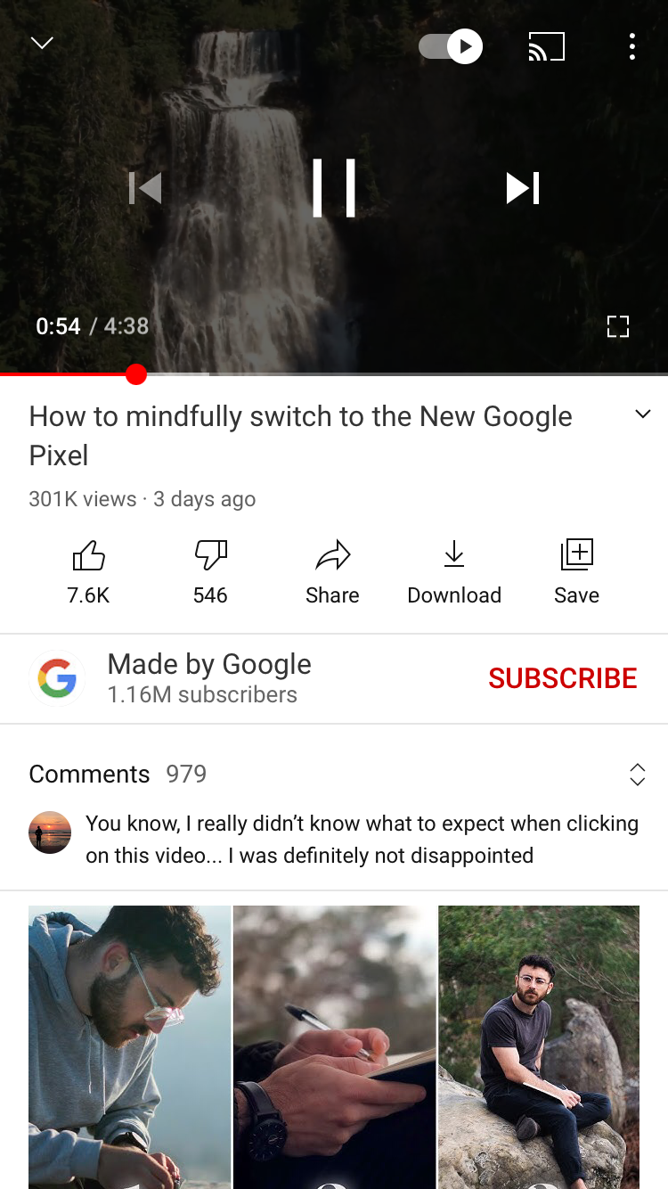 Меню с тремя точками в приложении YouTube