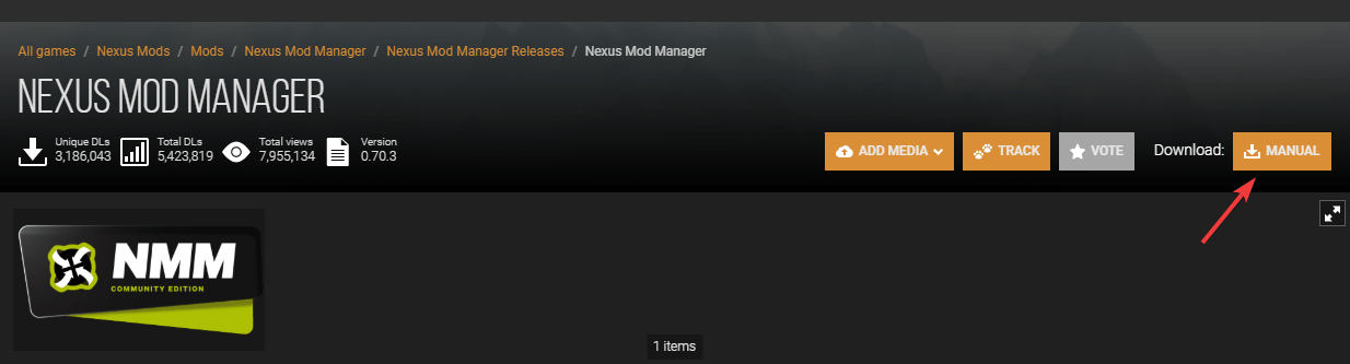 Загрузка менеджера модов Nexus — интерфейс менеджера