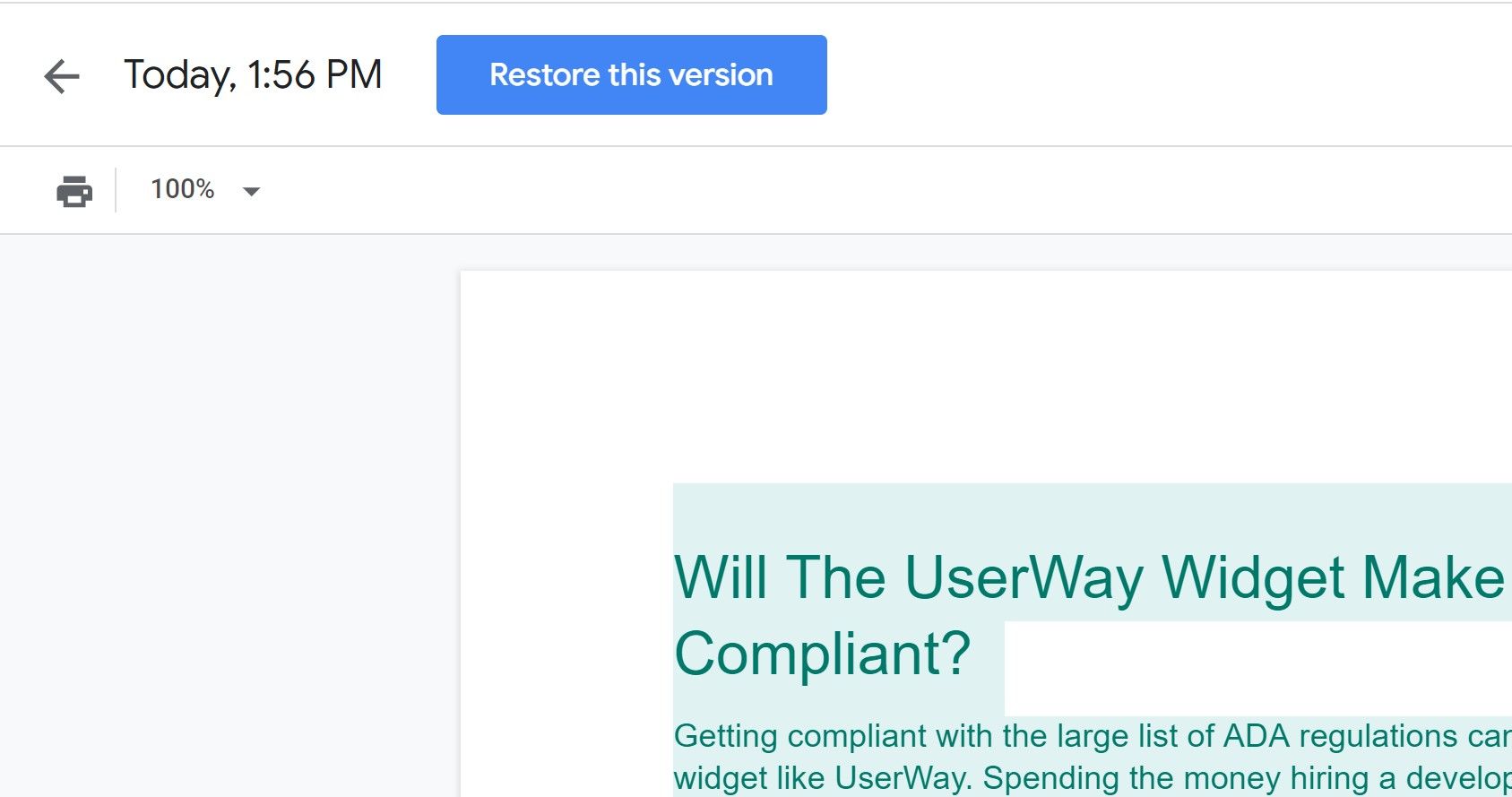 Кнопка восстановления версии в Google Docs