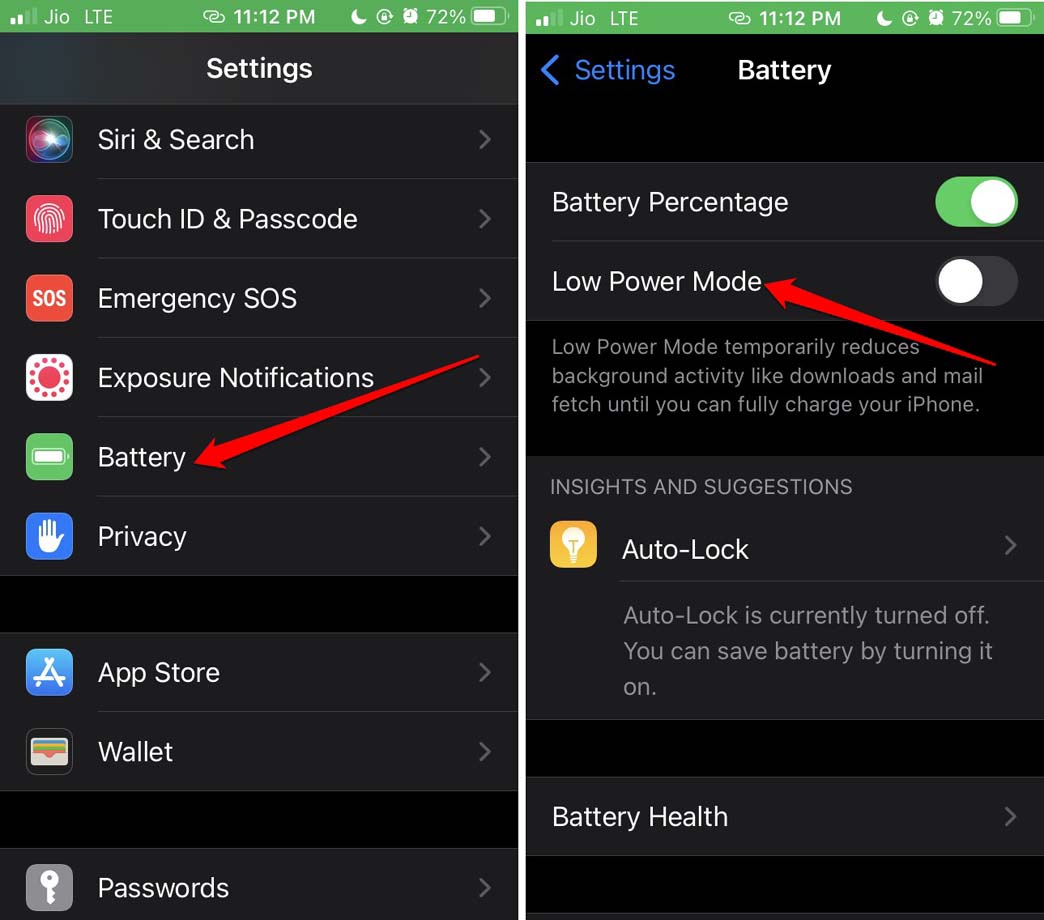 Schermata che mostra come disattivare la modalità risparmio energetico su iPhone