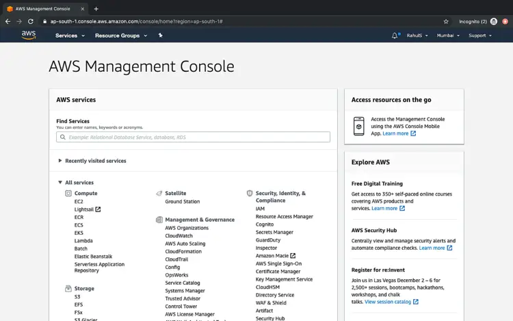 Главная консоль AWS с перечнем сервисов