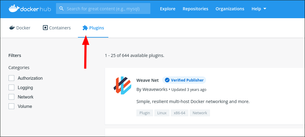 Просмотр плагинов на Docker Hub — список и фильтры