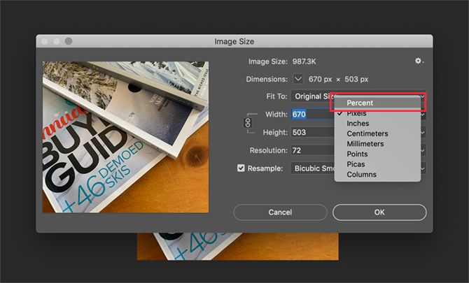 Диалоговое окно Размер изображения в Photoshop с параметрами ресэмплинга