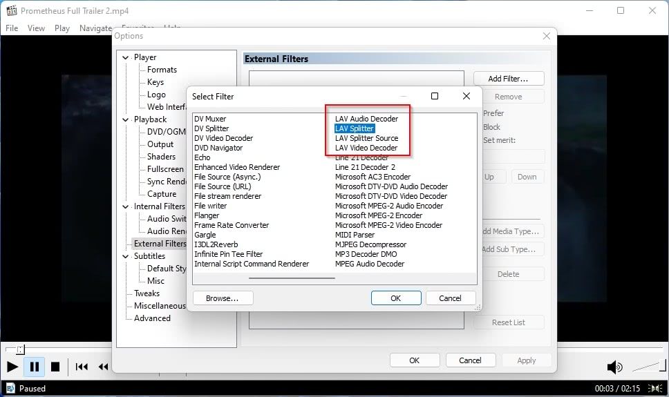 Список доступных фильтров с выделенными LAV Splitter и LAV Audio/Video Decoder
