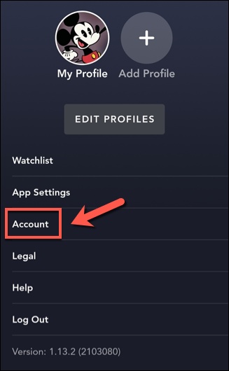 Пункт «Аккаунт» в меню профиля