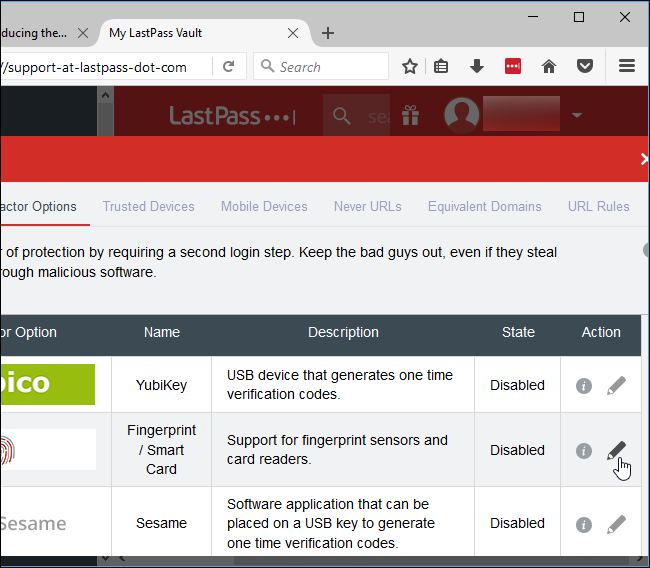 Параметры многофакторной аутентификации в LastPass