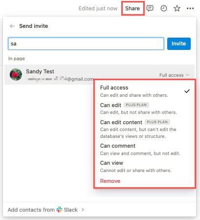 Опция Share для страницы в Notion