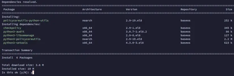 Установка утилит SELinux — вывод терминала