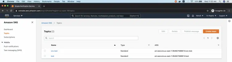 Список тем SNS с выделенной темой sns-test