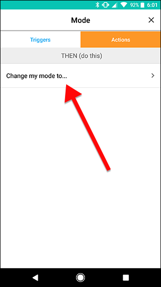 Выбор действия 'Change my mode to...' в списке действий
