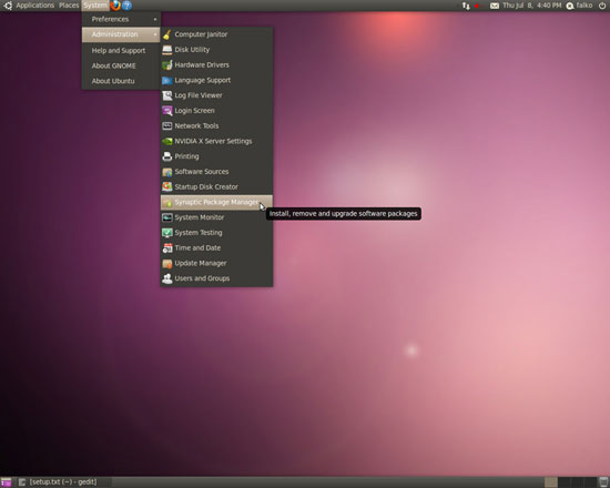 Окно Synaptic Package Manager с поиском пакетов