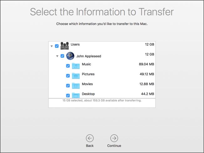 Список найденных данных для миграции с ПК на Mac, выбор пользователя и папок