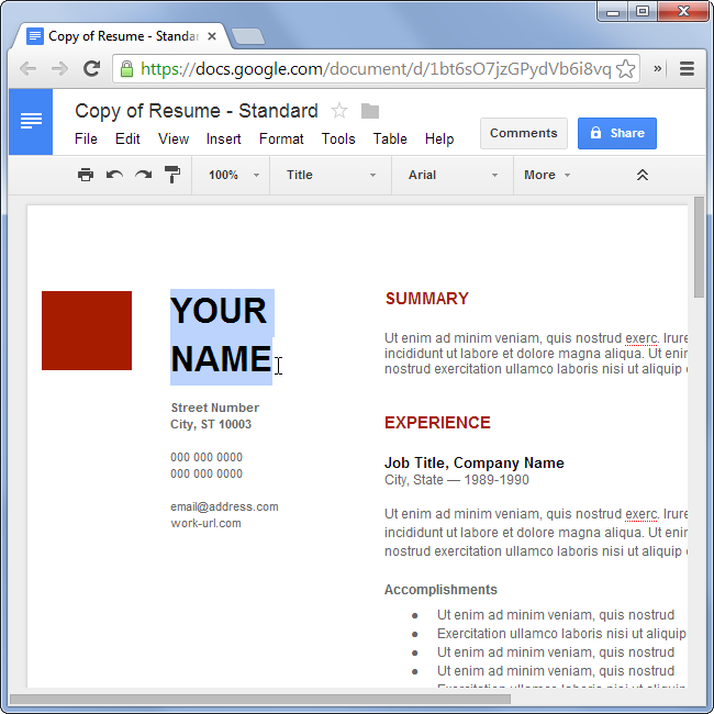 Editar currículo a partir de um modelo no Google Docs
