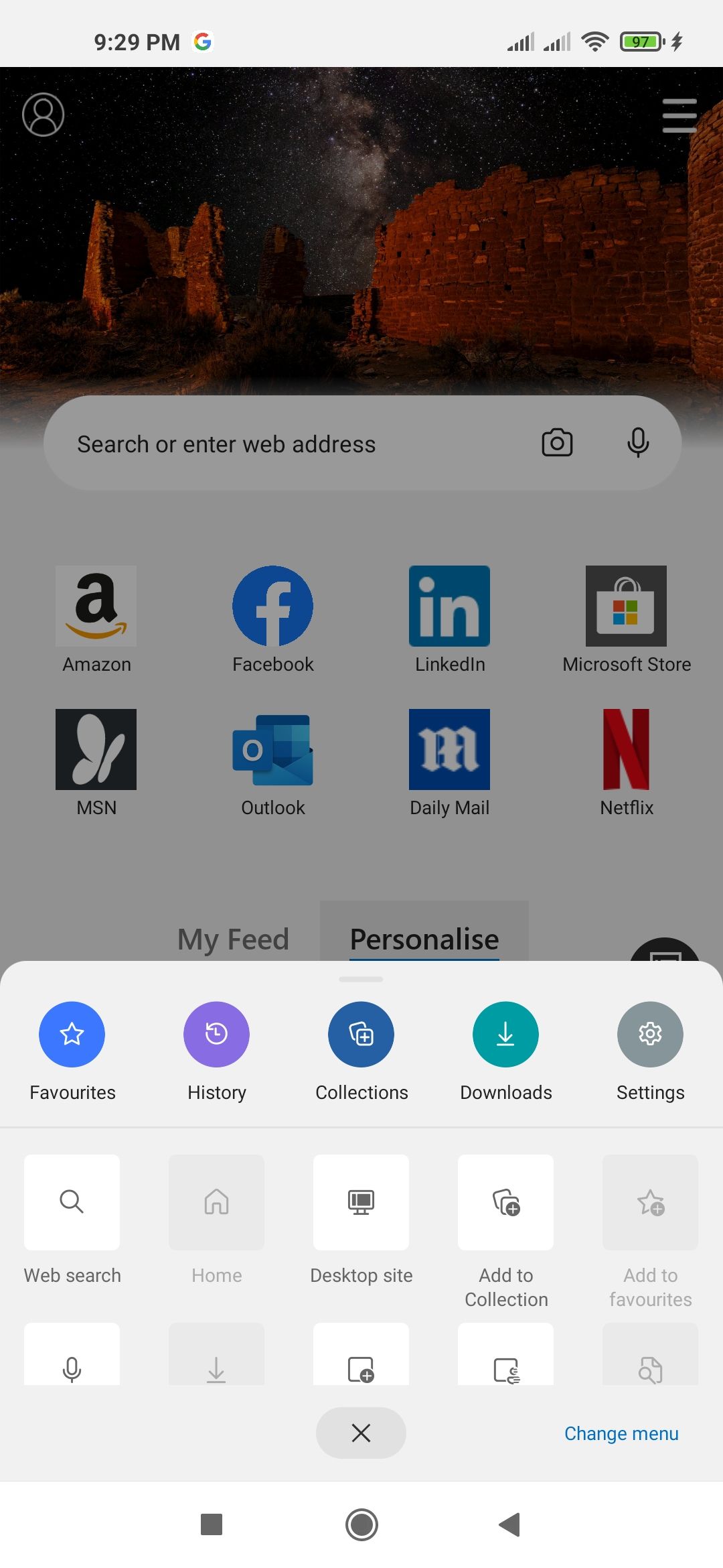 Настройки cookie в мобильном Edge — экран переключателей