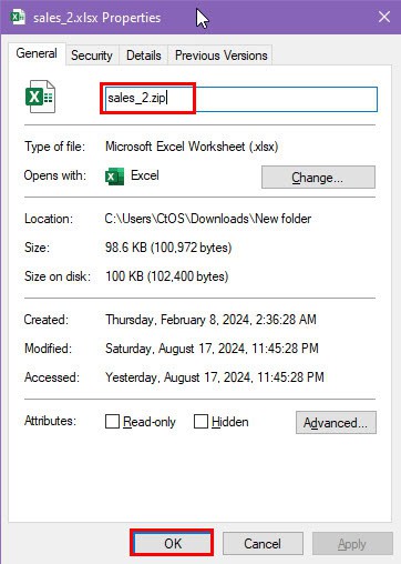 Изменение расширения файла на ZIP в свойствах Windows