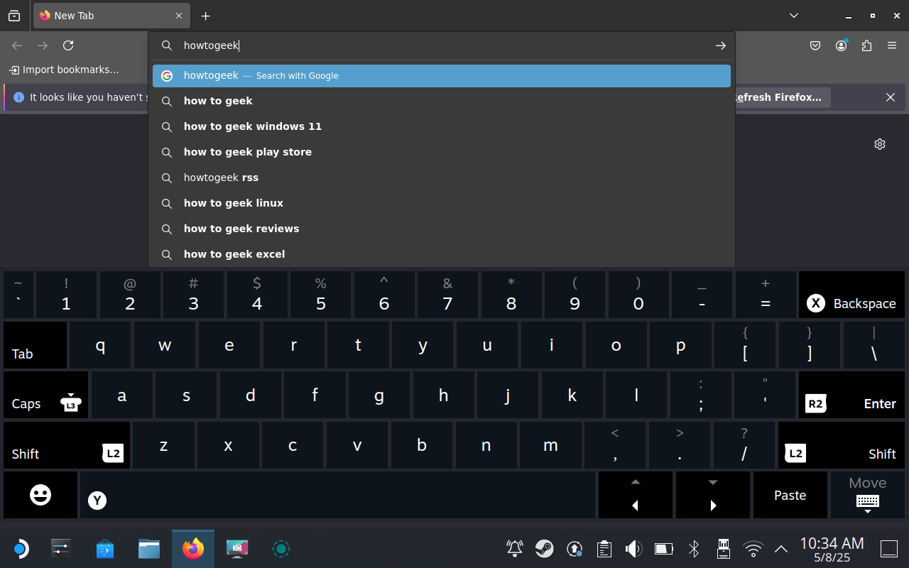 Using the on-screen keyboard with a Steam Deck in Desktop Mode.