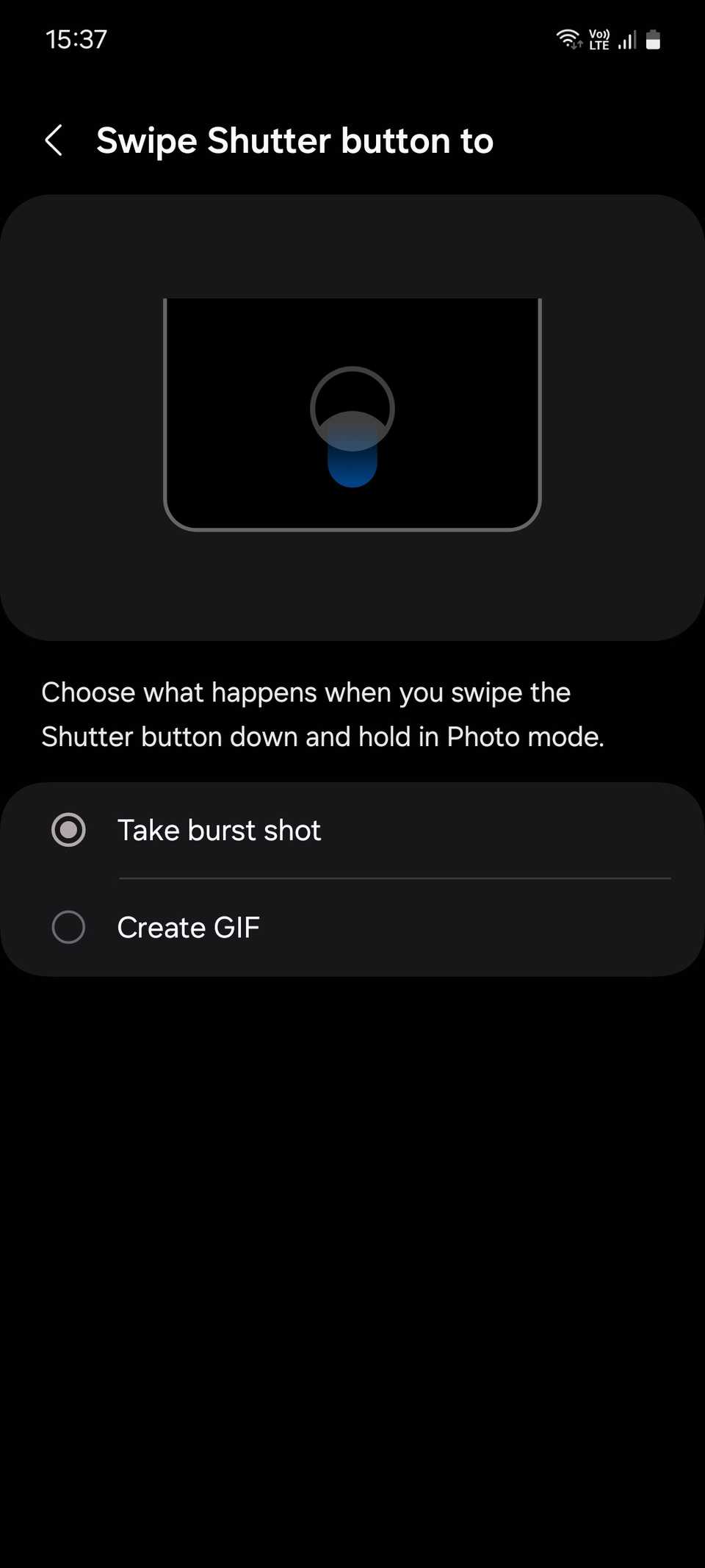 Опция «Провести по кнопке затвора» для выбора серийной съёмки.