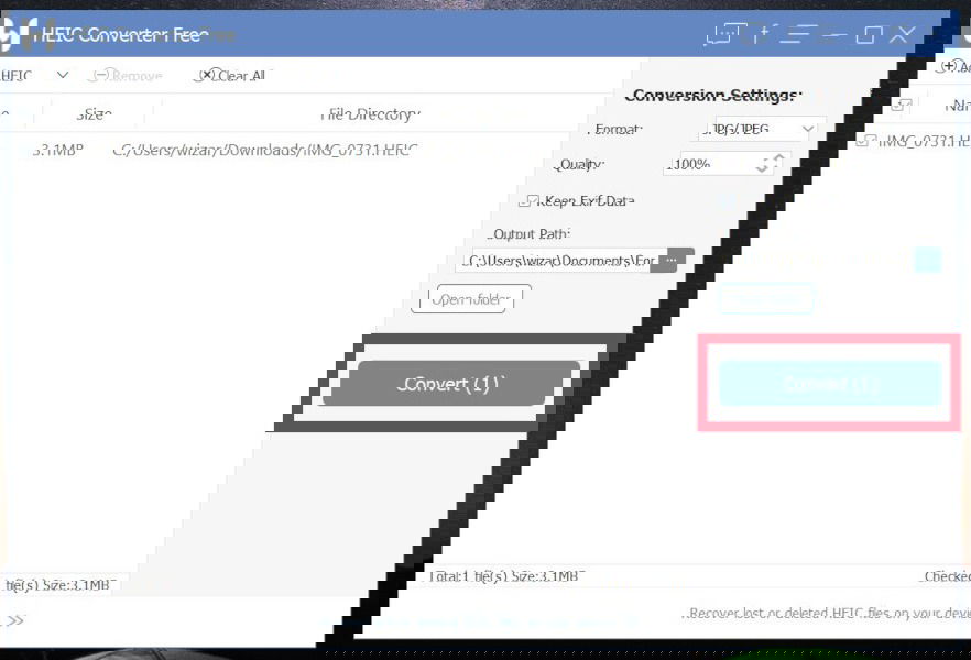 Панель конвертации HEIC Converter Free