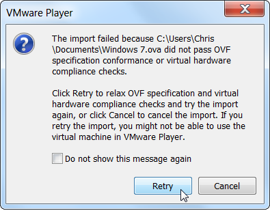 Снимок: Предупреждение при импорте OVA в VMware