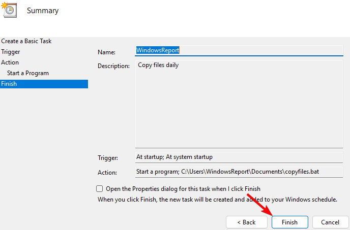 Завершение создания задачи в Планировщике